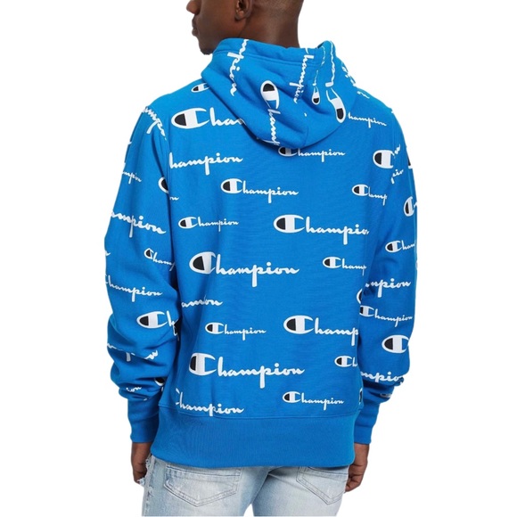 (Sold) Champion All Over Logo Hoodie Blue White Sweatshirt Jumper Long Sleeve - Picture 2 of 8
